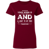 Bible Verse Ladies' 5.3 oz. T-Shirt - "Psalm 119:105" Design 16 (White Font) - Meditate Healing Christian Store