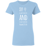 Bible Verse Ladies' 5.3 oz. T-Shirt - "Psalm 119:105" Design 19 (White Font) - Meditate Healing Christian Store