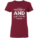 Bible Verse Ladies' 5.3 oz. T-Shirt - "Psalm 119:105" Design 16 (White Font) - Meditate Healing Christian Store