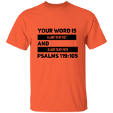 Bible Verse Men 5.3 oz. T-Shirt - "Psalm 119:105" Design 21 (Black Font) - Meditate Healing Christian Store