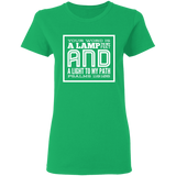 Bible Verse Ladies' 5.3 oz. T-Shirt - "Psalm 119:105" Design 12 (White Font) - Meditate Healing Christian Store