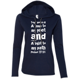 Bible Verse Ladies' Long Sleeve T-Shirt Hoodie - "Psalm 119:105" Design 6 (White Font) - Meditate Healing Christian Store