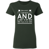 Bible Verse Ladies' 5.3 oz. T-Shirt - "Psalm 119:105" Design 14 (White Font) - Meditate Healing Christian Store