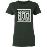Bible Verse Ladies' 5.3 oz. T-Shirt - "Psalm 119:105" Design 12 (White Font) - Meditate Healing Christian Store