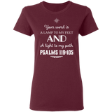 Bible Verse Ladies' 5.3 oz. T-Shirt - "Psalm 119:105" Design 5 (White Font) - Meditate Healing Christian Store