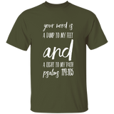 Bible Verse Men 5.3 oz. T-Shirt - "Psalm 119:105" Design 9 (White Font) - Meditate Healing Christian Store