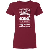 Bible Verse Ladies' 5.3 oz. T-Shirt - "Psalm 119:105" Design 17 (White Font) - Meditate Healing Christian Store
