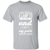 Bible Verse Men 5.3 oz. T-Shirt - "Psalm 119:105" Design 17 (White Font) - Meditate Healing Christian Store