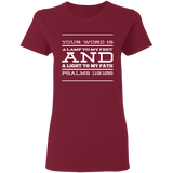 Bible Verse Ladies' 5.3 oz. T-Shirt - "Psalm 119:105" Design 11 (White Font) - Meditate Healing Christian Store