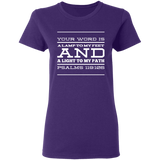 Bible Verse Ladies' 5.3 oz. T-Shirt - "Psalm 119:105" Design 11 (White Font) - Meditate Healing Christian Store