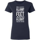 Bible Verse Ladies' 5.3 oz. T-Shirt - "Psalm 119:105" Design 4 (White Font) - Meditate Healing Christian Store