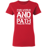 Bible Verse Ladies' 5.3 oz. T-Shirt - "Psalm 119:105" Design 7 (White Font) - Meditate Healing Christian Store