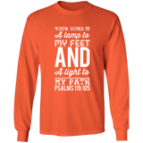 Bible Verse Long Shirt Ultra Cotton T-Shirt - "Psalm 119:105" Design 3 (White Font) - Meditate Healing Christian Store