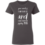 Bible Verse Ladies' 5.3 oz. T-Shirt - "Psalm 119:105" Design 9 (White Font) - Meditate Healing Christian Store
