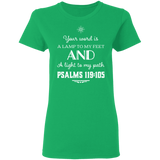 Bible Verse Ladies' 5.3 oz. T-Shirt - "Psalm 119:105" Design 5 (White Font) - Meditate Healing Christian Store