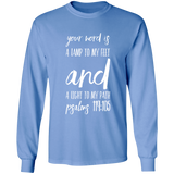 Bible Verse Long Shirt Ultra Cotton T-Shirt - "Psalm 119:105" Design 9 (White Font) - Meditate Healing Christian Store