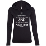 Bible Verse Ladies' Long Sleeve T-Shirt Hoodie - "Psalm 119:105" Design 5 (White Font) - Meditate Healing Christian Store