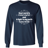 Bible Verse Long Shirt Ultra Cotton T-Shirt - "Psalm 119:105" Design 1 (White Font) - Meditate Healing Christian Store