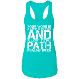Bible Verse Ladies Ideal Racerback Tank - "Psalm 119:105" Design 7 (White Font) - Meditate Healing Christian Store