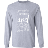 Bible Verse Long Shirt Ultra Cotton T-Shirt - "Psalm 119:105" Design 18 (White Font) - Meditate Healing Christian Store