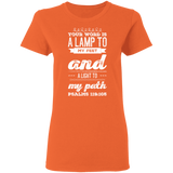 Bible Verse Ladies' 5.3 oz. T-Shirt - "Psalm 119:105" Design 17 (White Font) - Meditate Healing Christian Store
