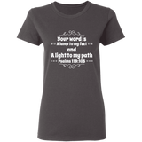 Bible Verse Ladies' 5.3 oz. T-Shirt - "Psalm 119:105" Design 1 (White Font) - Meditate Healing Christian Store