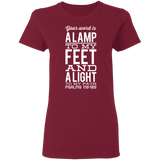 Bible Verse Ladies' 5.3 oz. T-Shirt - "Psalm 119:105" Design 4 (White Font) - Meditate Healing Christian Store
