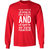 Bible Verse Long Shirt Ultra Cotton T-Shirt - "Psalm 119:105" Design 3 (White Font) - Meditate Healing Christian Store
