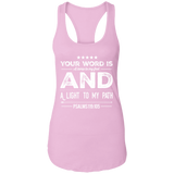 Bible Verse Ladies Ideal Racerback Tank - "Psalm 119:105" Design 16 (White Font) - Meditate Healing Christian Store