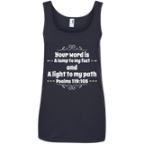Bible Verse Ladies' 100% Ringspun Cotton Tank Top - "Psalm 119:105" Design 1 (White Font) - Meditate Healing Christian Store