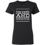 Bible Verse Ladies' 5.3 oz. T-Shirt - "Psalm 119:105" Design 10 (White Font) - Meditate Healing Christian Store