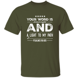Bible Verse Men 5.3 oz. T-Shirt - "Psalm 119:105" Design 16 (White Font) - Meditate Healing Christian Store