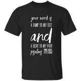 Bible Verse Men 5.3 oz. T-Shirt - "Psalm 119:105" Design 9 (White Font) - Meditate Healing Christian Store