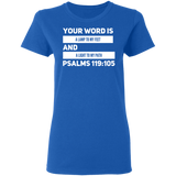 Bible Verse Ladies' 5.3 oz. T-Shirt - "Psalm 119:105" Design 21 (White Font) - Meditate Healing Christian Store