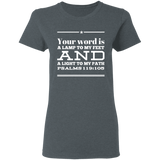 Bible Verse Ladies' 5.3 oz. T-Shirt - "Psalm 119:105" Design 10 (White Font) - Meditate Healing Christian Store