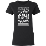 Bible Verse Ladies' 5.3 oz. T-Shirt - "Psalm 119:105" Design 15 (White Font) - Meditate Healing Christian Store