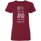 Bible Verse Ladies' 5.3 oz. T-Shirt - "Psalm 119:105" Design 19 (White Font) - Meditate Healing Christian Store