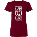 Bible Verse Ladies' 5.3 oz. T-Shirt - "Psalm 119:105" Design 4 (White Font) - Meditate Healing Christian Store
