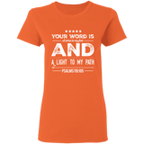 Bible Verse Ladies' 5.3 oz. T-Shirt - "Psalm 119:105" Design 16 (White Font) - Meditate Healing Christian Store