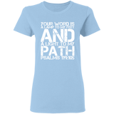 Bible Verse Ladies' 5.3 oz. T-Shirt - "Psalm 119:105" Design 7 (White Font) - Meditate Healing Christian Store