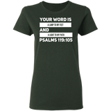 Bible Verse Ladies' 5.3 oz. T-Shirt - "Psalm 119:105" Design 21 (White Font) - Meditate Healing Christian Store