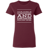 Bible Verse Ladies' 5.3 oz. T-Shirt - "Psalm 119:105" Design 11 (White Font) - Meditate Healing Christian Store