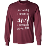 Bible Verse Long Shirt Ultra Cotton T-Shirt - "Psalm 119:105" Design 9 (White Font) - Meditate Healing Christian Store