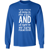 Bible Verse Long Shirt Ultra Cotton T-Shirt - "Psalm 119:105" Design 3 (White Font) - Meditate Healing Christian Store