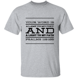 Bible Verse Men 5.3 oz. T-Shirt - "Psalm 119:105" Design 11 (Black Font) - Meditate Healing Christian Store