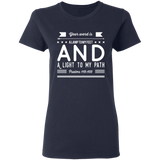 Bible Verse Ladies' 5.3 oz. T-Shirt - "Psalm 119:105" Design 14 (White Font) - Meditate Healing Christian Store