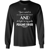Bible Verse Long Shirt Ultra Cotton T-Shirt - "Psalm 119:105" Design 5 (White Font) - Meditate Healing Christian Store