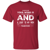 Bible Verse Men 5.3 oz. T-Shirt - "Psalm 119:105" Design 16 (White Font) - Meditate Healing Christian Store