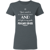 Bible Verse Ladies' 5.3 oz. T-Shirt - "Psalm 119:105" Design 5 (White Font) - Meditate Healing Christian Store