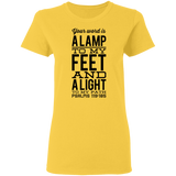Bible Verse Ladies' 5.3 oz. T-Shirt - "Psalm 119:105" Design 4 (Black Font) - Meditate Healing Christian Store